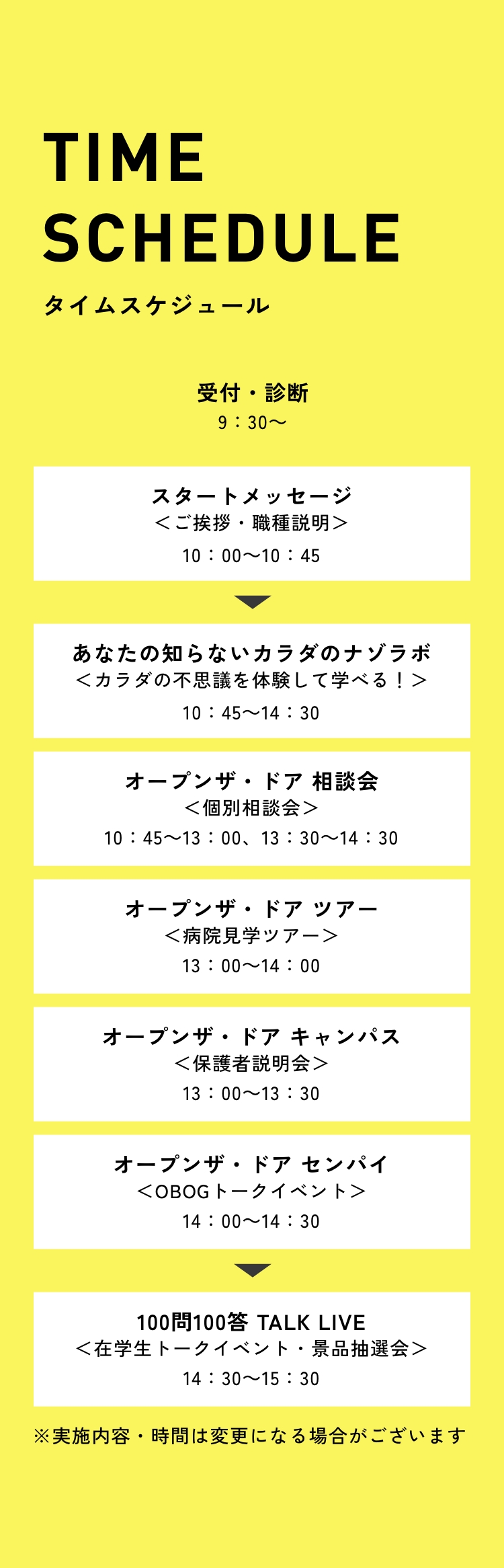 
        タイムスケジュール
        受付・診断　9：30～
        スタートメッセージ＜ご挨拶・職種説明＞　10：00～10：45
        あなたの知らないカラダのナゾラボ＜カラダの不思議を体験して学べる！＞　10：45～14：30
        オープンザ・ドア 相談会＜個別相談会＞　10：45～13：00、13：30～14：30
        オープンザ・ドア ツアー＜病院見学ツアー＞　13：00～14：00
        オープンザ・ドア キャンパス＜保護者説明会＞　13：00～13：30
        オープンザ・ドア センパイ＜OBOGトークイベント＞　14：00～14：30
        100問100答 TALK LIVE＜在学生トークイベント・景品抽選会＞　14：30～15：30
        ※実施内容は変更になる予定がございます
        